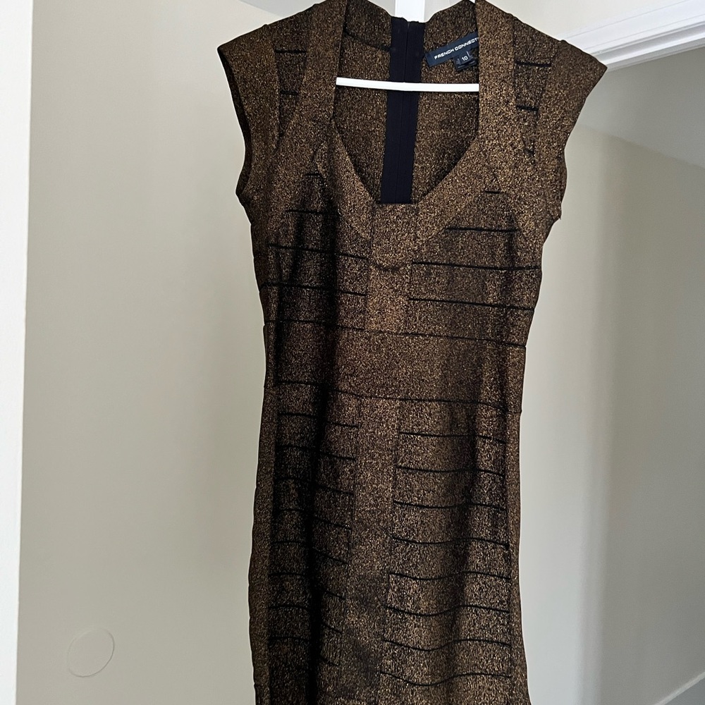French connection size 10 bandage dress sleek gold metallic
